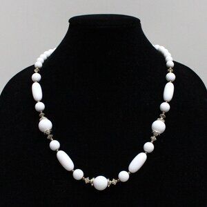 Older White & Gold Spring Ring Clasp Multi Shape Bead Necklace